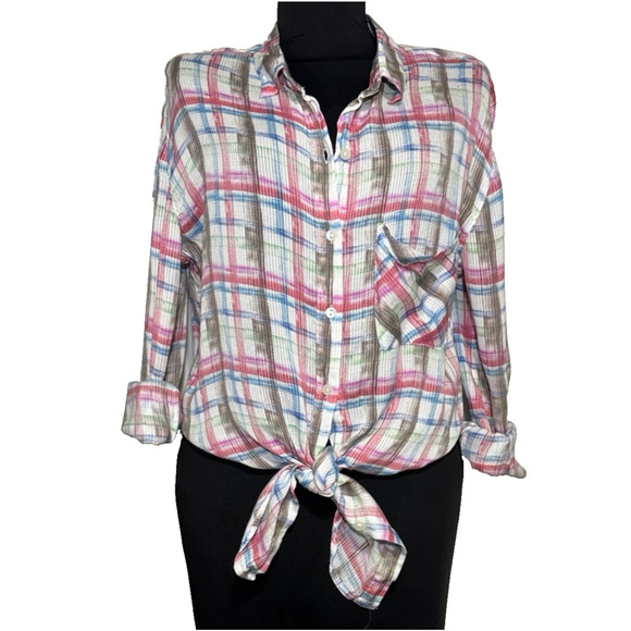 We The Free Women's Button Down Shirt Pink Blue Plaid Top Medium Long Sleeves - Picture 11 of 12